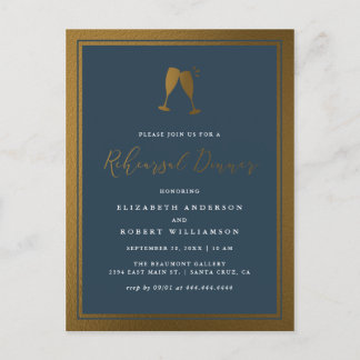 Invitation Carte Postale Dîner de répétition Gold & Navy Chic