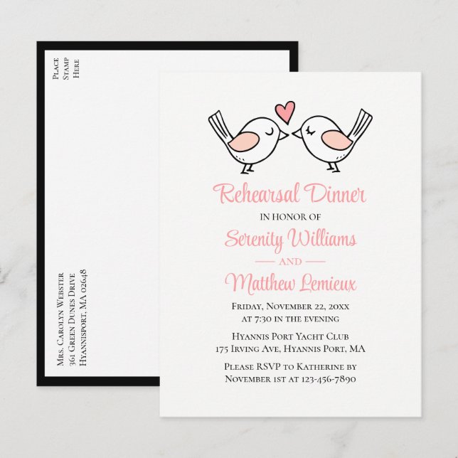Invitation Carte Postale Dîner de répétition Inséparables Pink Black Lovebi (Devant / Derrière)