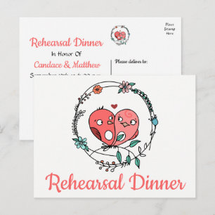 Invitation Carte Postale Dîner de répétition Mariage Floral Rose Lovebirds 