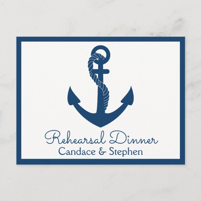 Invitation Carte Postale Dîner de répétition nautique Mariage d'Ancre bleu  (Devant)