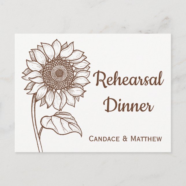 Invitation Carte Postale Dîner de répétition rustique tournesol Brown flora (Devant)