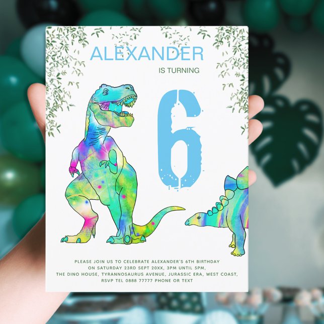 Invitation Carte Postale Dino fête mignon dinosaures 6e anniversaire budget (T-Rex colorful dinosaur and Jurassic jungle foliage 6th birthday party invitation blue and green)