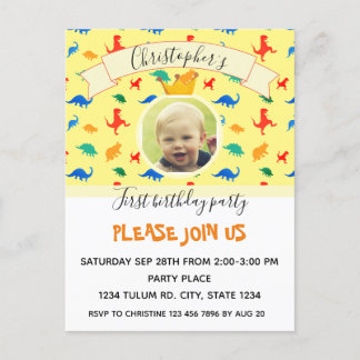 Invitation Carte Postale Dinosaur 1er anniversaire coloré photo de bébé gar