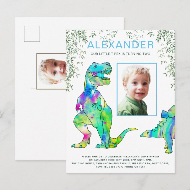 Invitation Carte Postale Dinosaur Boys Anniversaire Photo (Devant / Derrière)