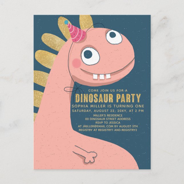 Invitation Carte Postale Dinosaur Faux Gold Pink Fun mignon fille enfants (Devant)