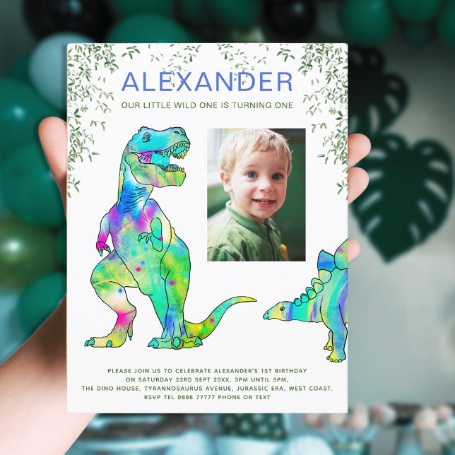 Invitation Carte Postale Dinosaur jungle 1er anniversaire de fête photo Bud (Wild one dinosaur T-Rex 1st birthday party budget invitation postcard with photo template)