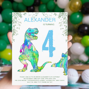 Invitation Carte Postale Dinosaur jungle 4ème anniversaire fête budget bleu