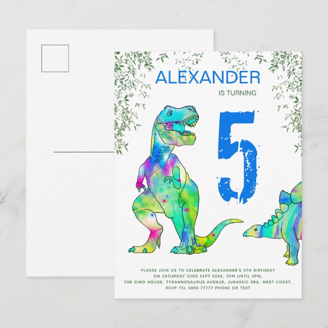 Invitation Carte Postale Dinosaur jungle 5e anniversaire budget de fête ble (Devant / Derrière)