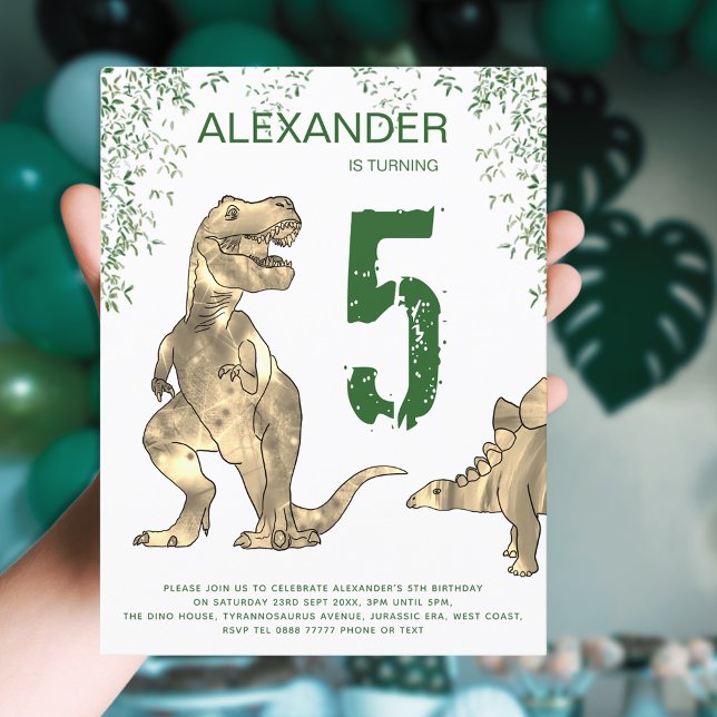 Invitation Carte Postale Dinosaur jungle 5e anniversaire budget de la fête (Dinosaur T-Rex jungle 5th birthday party budget invitation postcard modern green typography )