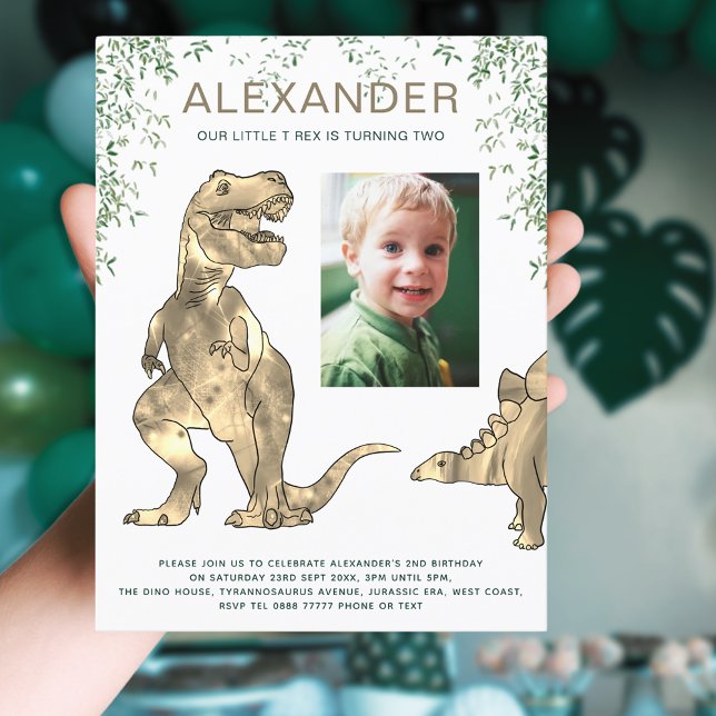 Invitation Carte Postale Dinosaur Jungle Boys Anniversaire Photo (Dinosaur T-Rex jungle 2nd birthday party budget invitation postcard with photo template)