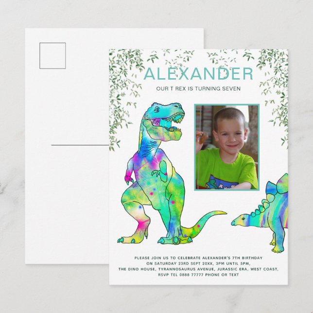 Invitation Carte Postale Dinosaur Jungle Photo Budget de la fête d'annivers (Devant / Derrière)
