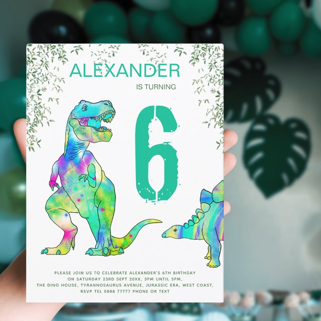 Invitation Carte Postale Dinosaur junjungle garçons de fête Budget d'annive (Colorful dinosaur 6th birthday party invitation with T-Rex and Stegosaurus )