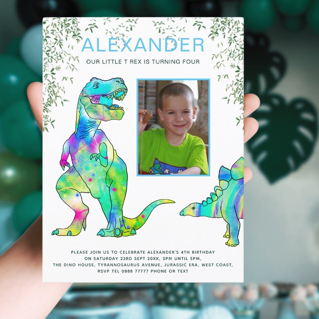 Invitation Carte Postale Dinosaur T-Rex 4e Anniversaire Budget de la fête (Dinosaur T-Rex 4th birthday party budget postcard invitation with photo template colorful dinos)