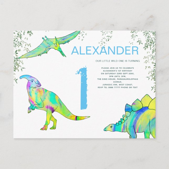Invitation Carte Postale Dinosaure aquarelle 1er fête d'anniversaire Budget (Devant)