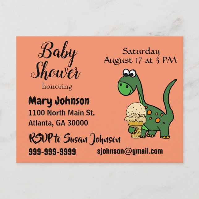 Invitation Carte Postale Dinosaure bébé amusant et Baby shower de crème gla (Devant)