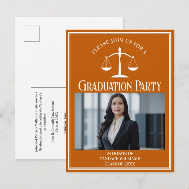 Invitation Carte Postale Diplôme de l'école de droit orange personnalisé (Devant / Derrière)