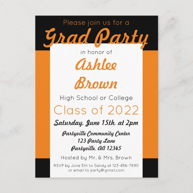Invitation Carte Postale Diplôme Orange Black Bold Grad Party (Devant)
