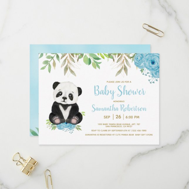 Invitation Carte Postale Douce Ourson Aquarelle Bleu Verdure Garçon Baby Sh (Devant/Arrière en situation)