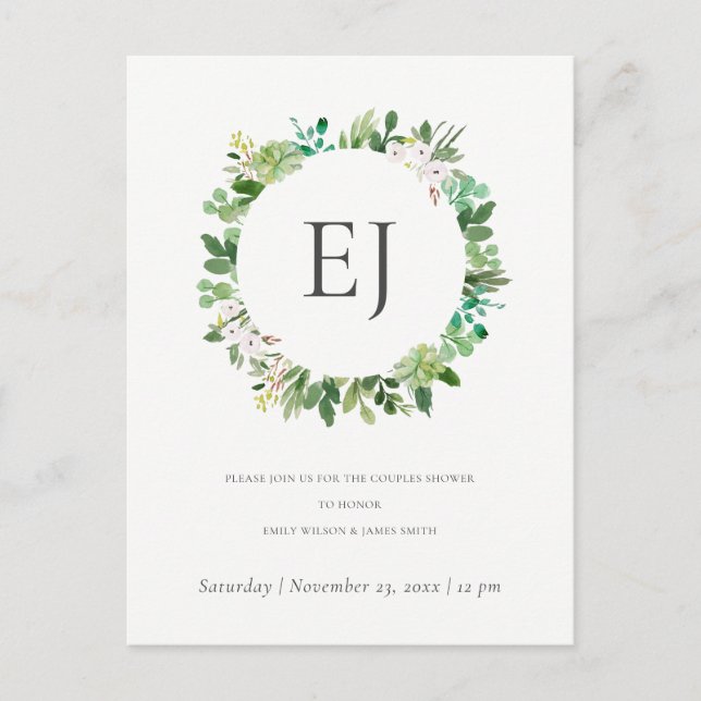 INVITATION CARTE POSTALE DOUCHE DE MONOGRAMME SUCCULENT FOLIAGE WREATH MONO (Devant)