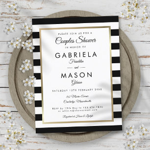 Invitation Carte Postale Douche moderne Black Stripe Gold Couples