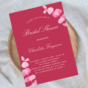 Invitation Carte Postale Douche nuptiale magenta blanche eucalyptus