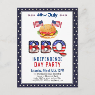 Invitation Carte Postale Drapeau américain Rouge Bleu 4 juillet BBQ