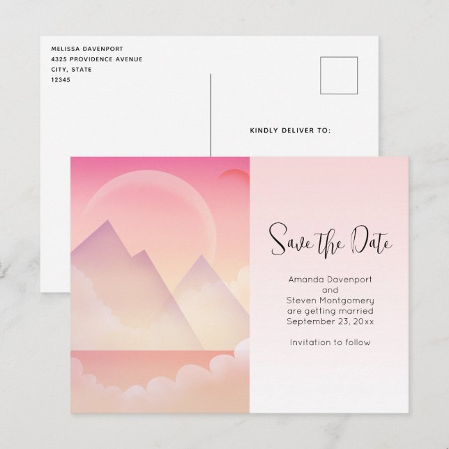 Invitation Carte Postale Dreamy Pastel Mountain Paysage Enregistrer la date (Devant / Derrière)