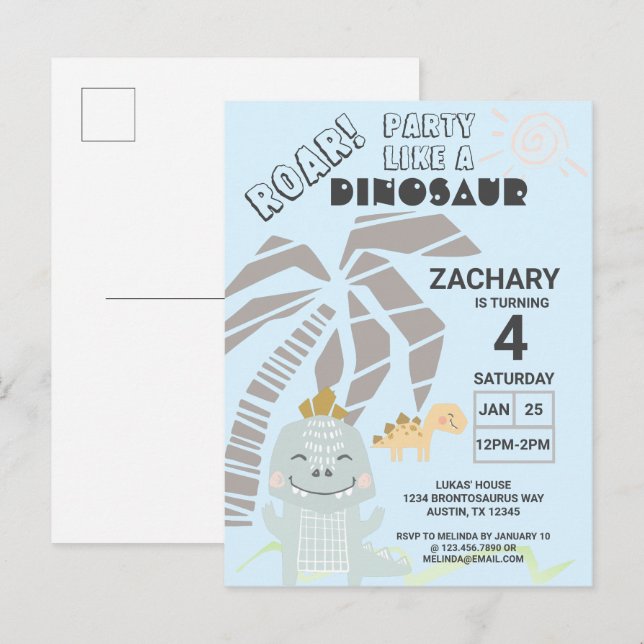 Invitation Carte Postale Drôle Dinosaur Roar Anniversaire de enfant Party I (Devant / Derrière)