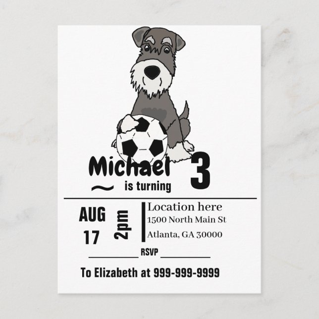 Invitation Carte Postale Drôle Schnauzer Chien Jouer Soccer Anniversaire (Devant)