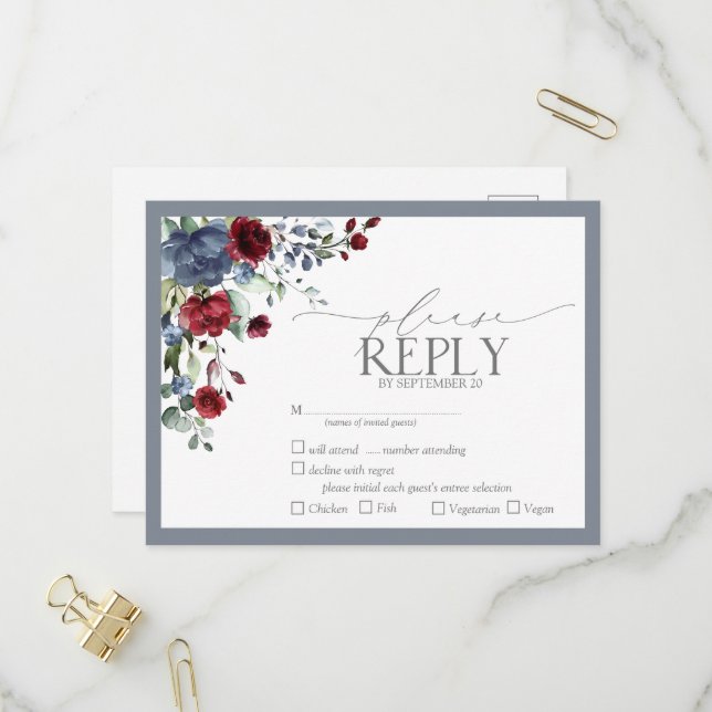 Invitation Carte Postale Dusty bleu Bourgogne rouge aquarelle florale RSVP (Devant/Arrière en situation)