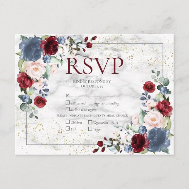 Invitation Carte Postale Dusty Blue Bourgogne Blush Gold Wedding RSVP (Devant)