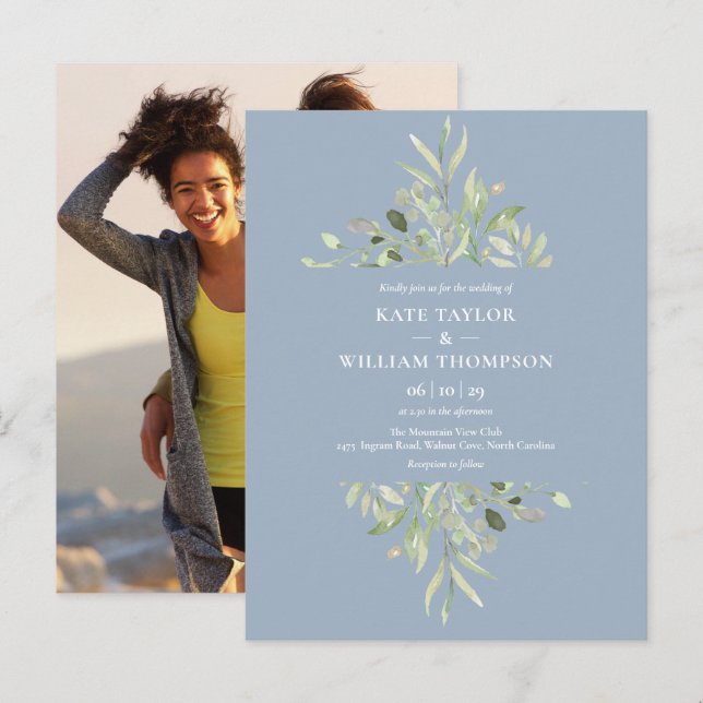 Invitation Carte Postale Dusty Blue Eucalyptus Mariage de verdure Photo (Devant / Derrière)