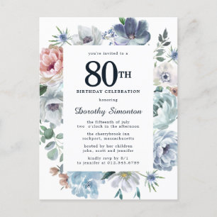 Invitation Carte Postale Dusty Blue Floral 80e anniversaire