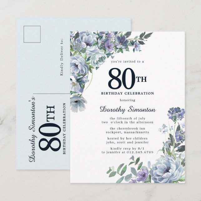 Invitation Carte Postale Dusty Blue Floral 80e Anniversaire Plutôt (Devant / Derrière)