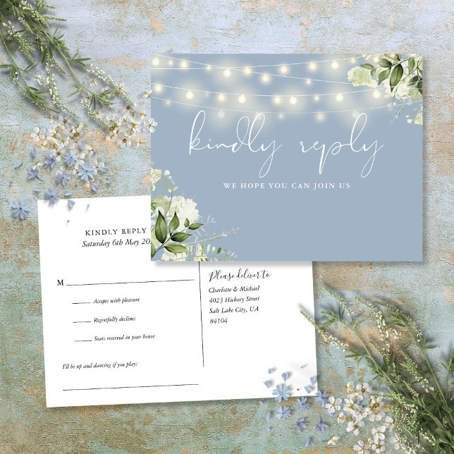 Invitation Carte Postale Dusty Blue Floral String Lights Song Request RSVP (Dusty Blue Floral String Lights Song Request RSVP Invitation Postcard)