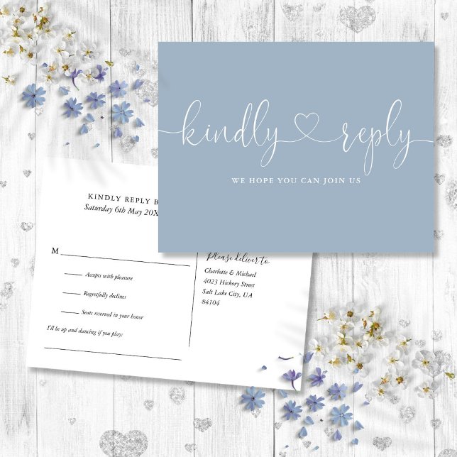 Invitation Carte Postale Dusty Blue Heart Script Chanson Demande RSVP (Dusty Blue Heart Script Song Request RSVP Invitation Postcard)