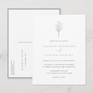 Invitation Carte Postale Dusty Blue Minimalist Floral Bouquet Mariage