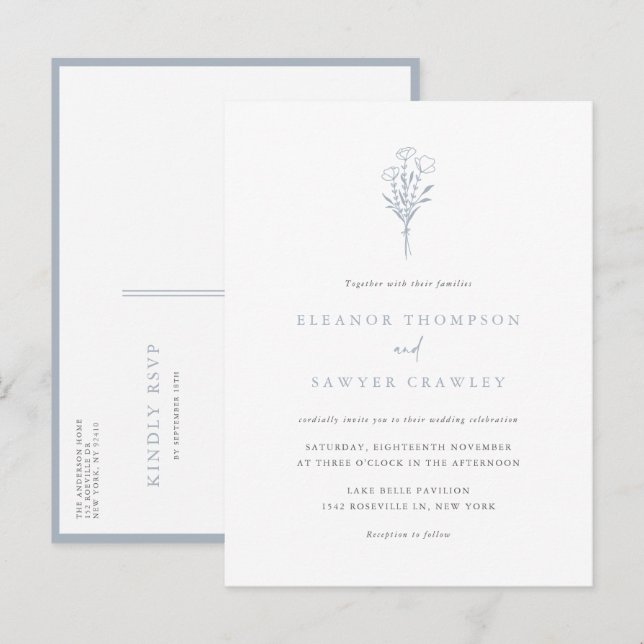 Invitation Carte Postale Dusty Blue Minimalist Floral Bouquet Mariage (Devant / Derrière)