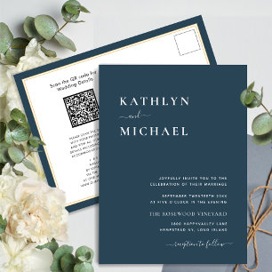 Invitation Carte Postale Dusty Blue QR Code Tout en un Mariage moderne chic