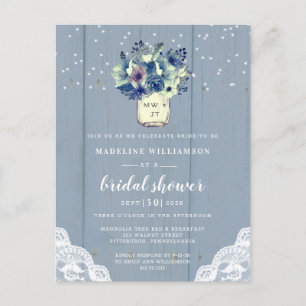 Invitation Carte Postale Dusty Country Blue Mason Jar Fête des mariées