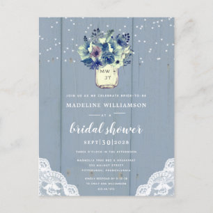 Invitation Carte Postale Dusty Country Blue Mason Jar Fête des mariées