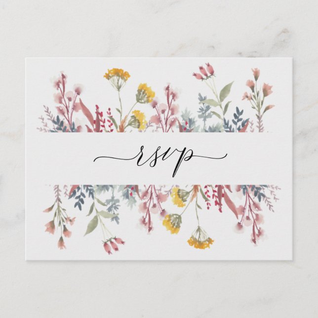 Invitation Carte Postale Dusty Fleur sauvage Aquarelle Choix de repas RSVP  (Devant)