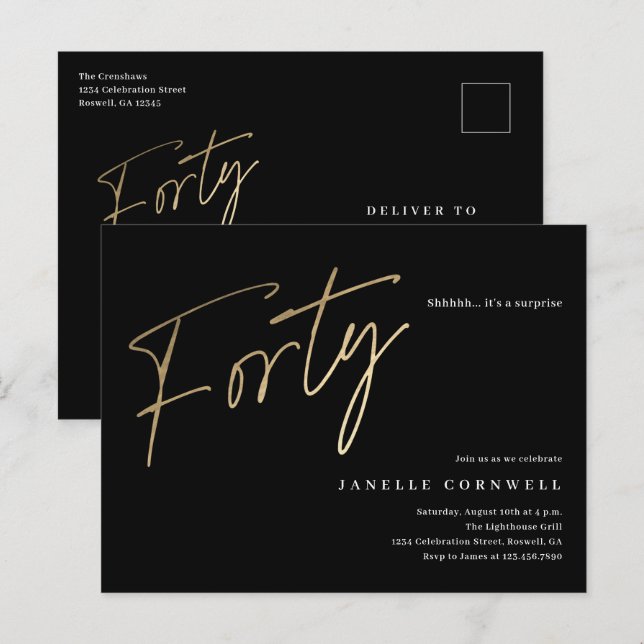 Invitation Carte Postale Écriture simple et élégante moderne 40e anniversai (Devant / Derrière)