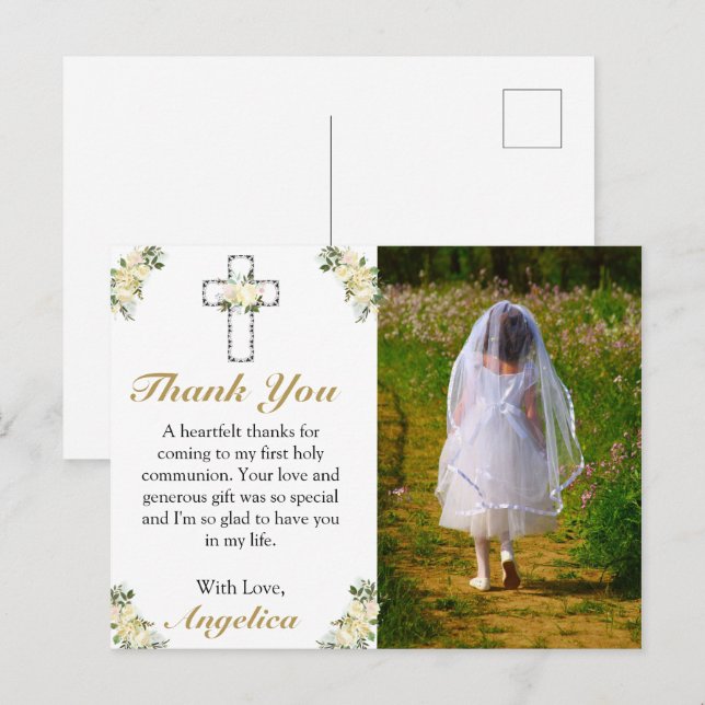 Invitation Carte Postale Élégant 1ère Sainte Communion Merci de croix flora (Devant / Derrière)