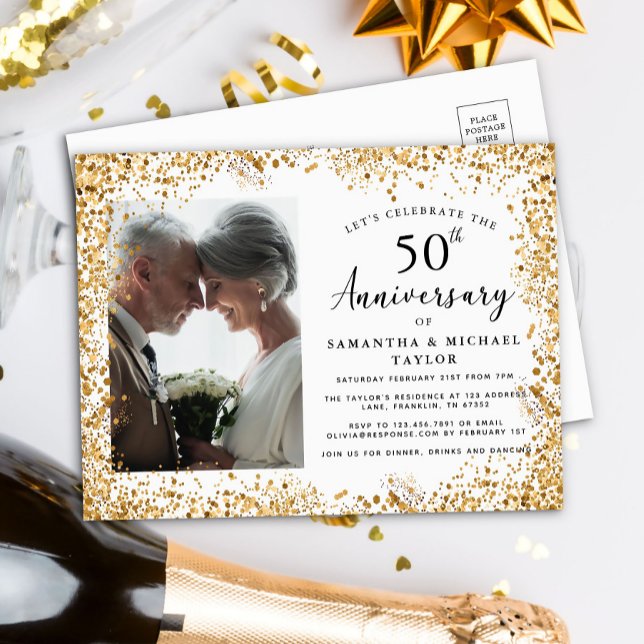 Invitation Carte Postale Élégant 50e anniversaire de Mariage Gold (Créateur téléchargé)