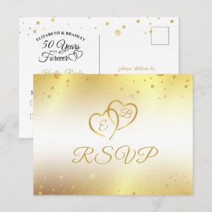 Invitation Carte Postale Élégant 50e anniversaire Monogramme Coeurs or RSVP