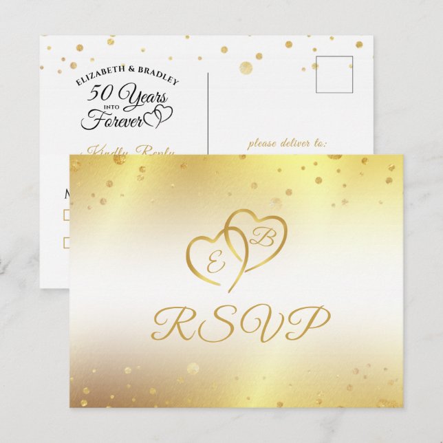 Invitation Carte Postale Élégant 50e anniversaire Monogramme Coeurs or RSVP (Devant / Derrière)