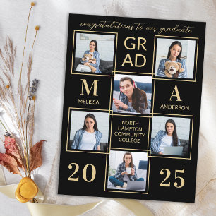 Invitation Carte Postale Elégant 6 Photo Personnalisé Black Gold Graduation