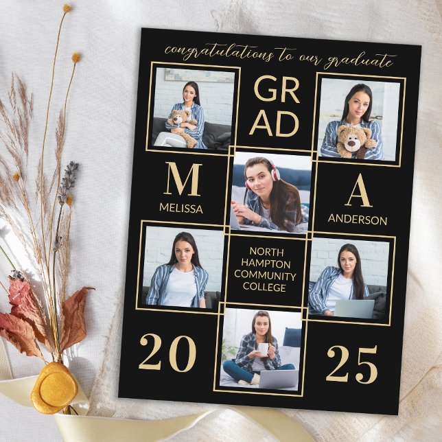 Invitation Carte Postale Elégant 6 Photo Personnalisé Black Gold Graduation (Créateur téléchargé)