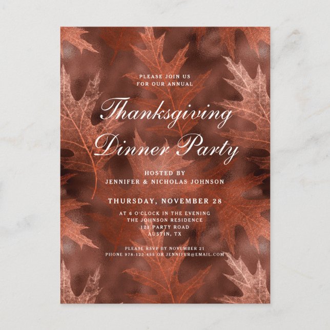 Invitation Carte Postale Élégant automne quitte Thanksgiving Dîner fête (Devant)